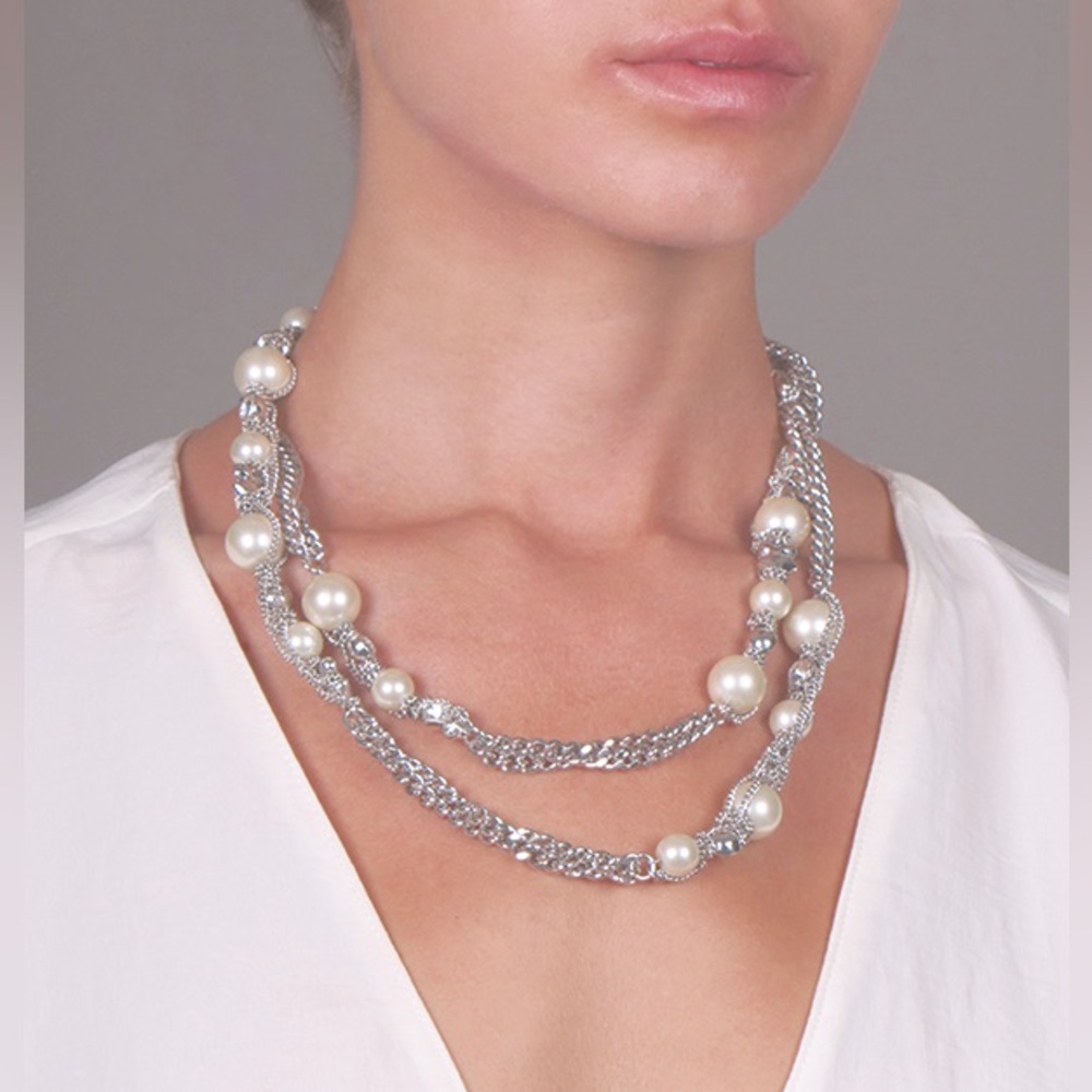 Givenchy Couture Silver Rhodium Plated w Faux Pearls & Rhinestones Necklace